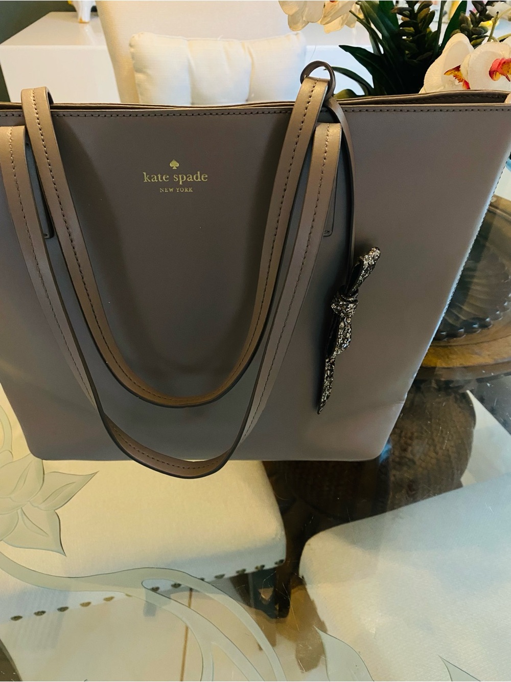 kate spade grey taupe leather tote with Silver logo